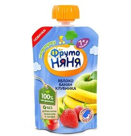 Фото товара Десерт ФрутоНяня Яблоко банан клубника д/п 90г