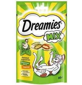 Фото товара Лакомство для кошек Dreamies Mix подушечки с курицей и мятой 60г
