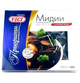 Фото товара Мясо мидий в ракушках в/м в винном соусе Vici 500гр
